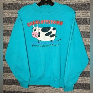 Vintage 90’s Fruit of the Loom Teal Charlottetown PEI Cow Crewneck Sweatshirt L